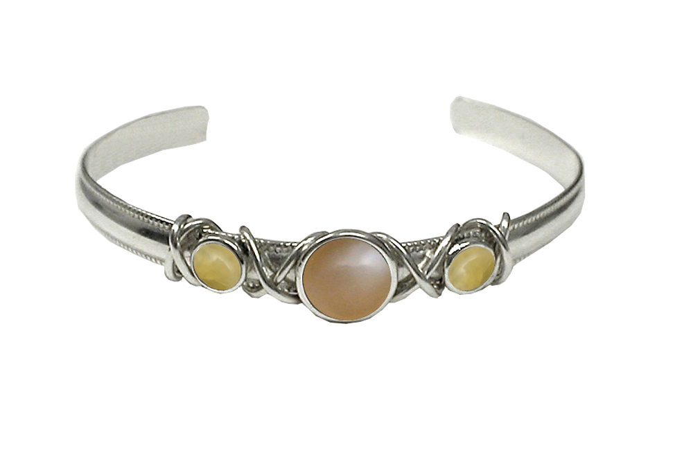 Sterling Silver Hand Made Cuff Bracelet With Peach Moonstone And Yellow Aragonite